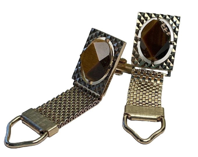 Vintage Gold Tone Wrap Cufflinks Caramel Tigers Eye Brown Stone Unmarked