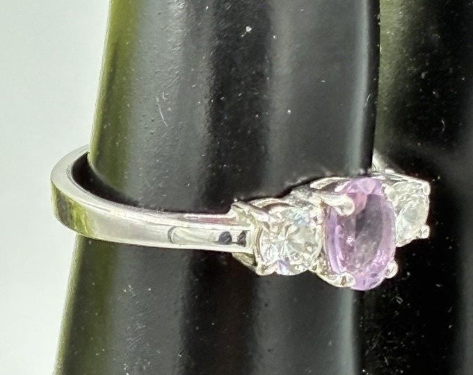 Sterling Silver 925 Three Stone Ring Lavender Purple CZ Amethyst Size 8.5