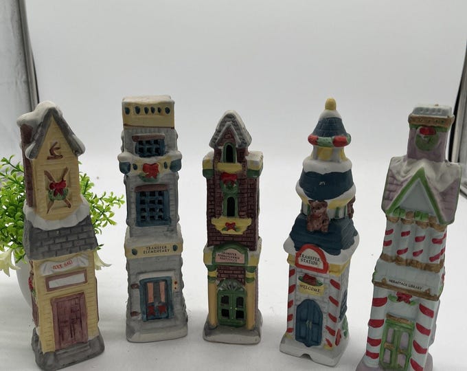 Vintage Loomco 5 Pc Porcelain Christmas Pencil Village Houses 8” Tall
