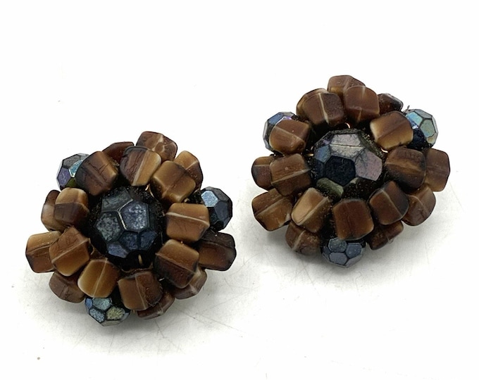 Vintage Western Germany Brown Beaded Cluster Clip On Earrings Iridescent