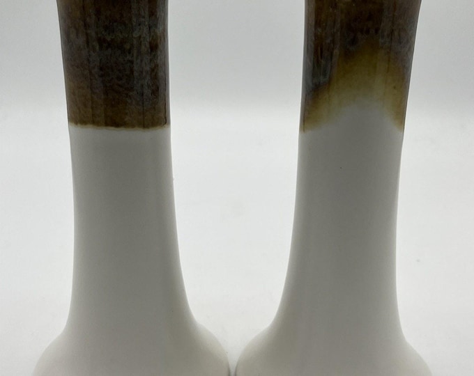 2 RARE Harris Potteries Ivory Brown Taper Candlestick Pair Set Gorgeous Retro