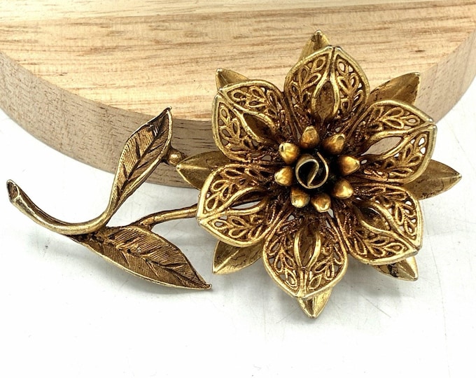 Vintage Filigree Flower Brooch Gold Copper Tone Layered Petals Stem Pin 3 Inch