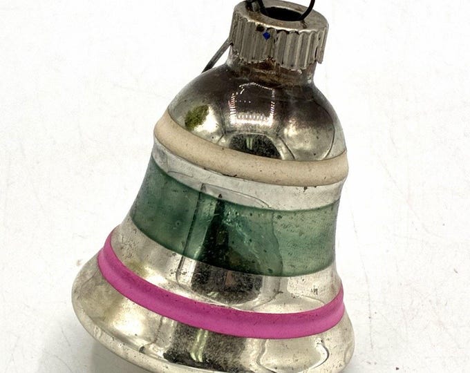 Vintage Shiny Brite Bell Ornament – Silver Green Pink Striped Christmas USA
