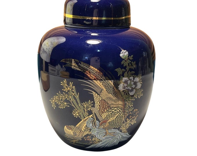 Vintage Cobalt Blue Gold Ginger Jar Lid Pheasant Bird Japan Porcelain 5"