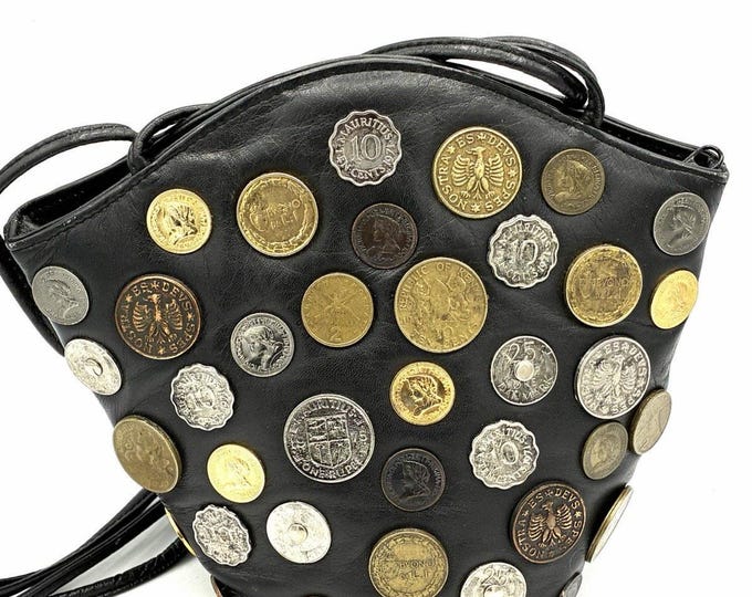 Vintage Otello Paris Black Coin Purse Crossbody World Coins International Bag