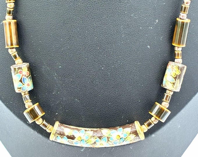 Vintage Brown Floral Tensha Style Bead Necklace 15” Japanese Style Beads