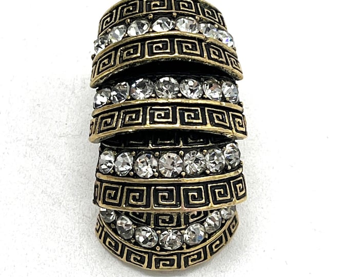 Vintage Articulated Full Finger Ring Greek Key Rhinestone Antique Gold Boho Statement