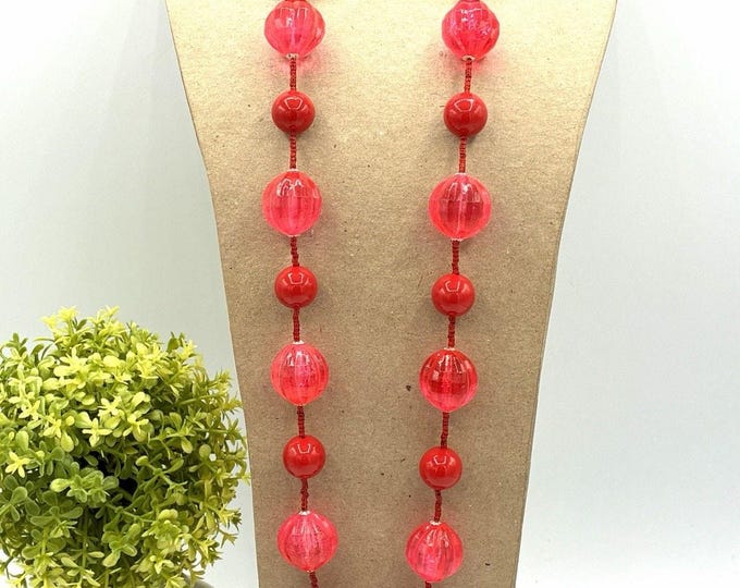 Vintage Hong Kong Red Clear Double Strand Bead Necklace 22” Retro Jewelry