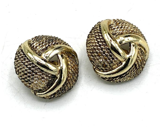 Vintage Gold Tone Textured Love Knot Clip Earrings Round 1 Inch