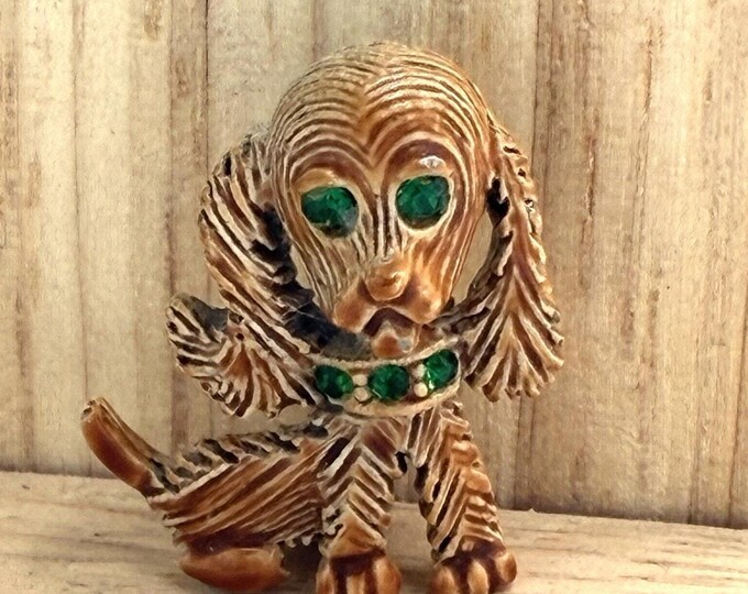 Gerrys Signed Dog Brooch Pin Green Rhinestone Eyes Collar Vintage Puppy