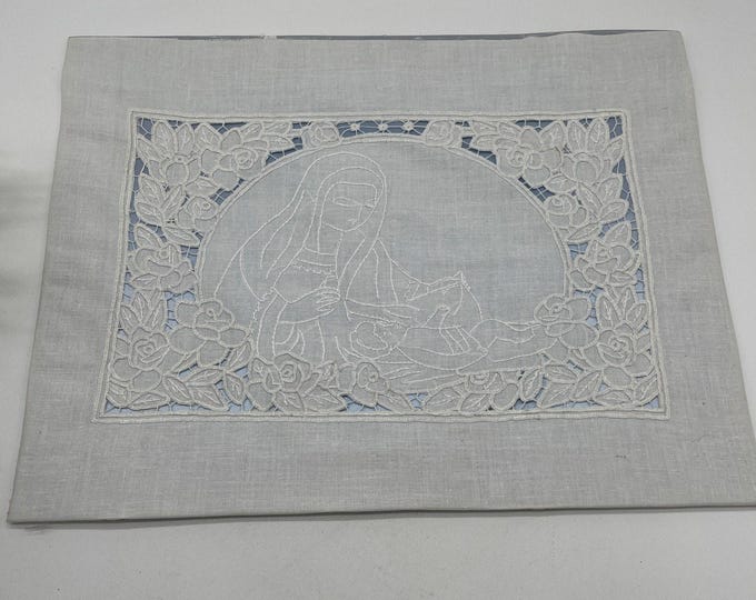 Vintage Religious Cutwork Linen Panel Madonna Child Embroidered Art 12x16"