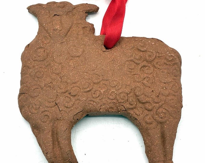 Handmade Clay Sheep Christmas Ornament Folk Art Pottery Primitive Lamb 5”