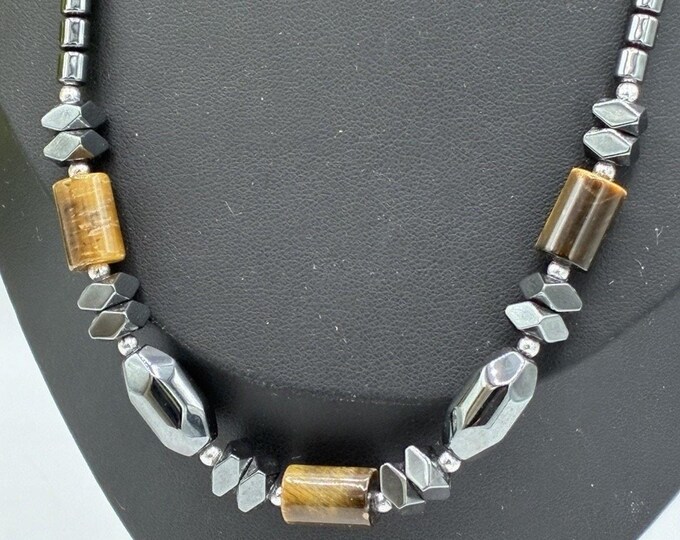 Vintage Hematite Tiger Eye Bead Necklace Barrel Clasp Magnetic Stone 17"