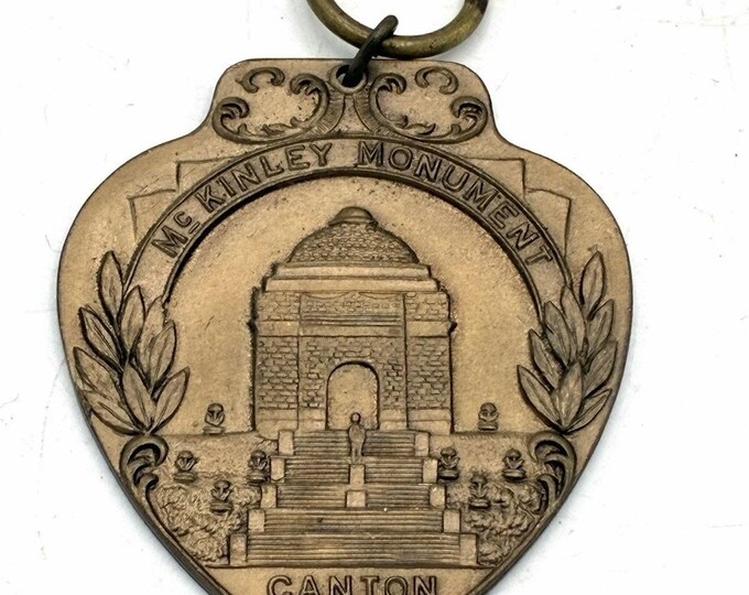 Antique McKinley Monument Canton Ohio Souvenir Pendant Keychain Brass Greenduck