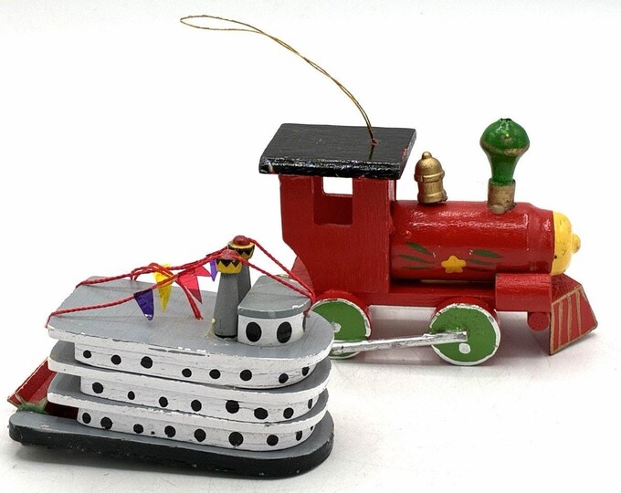 Vintage Wooden Christmas Ornaments Lot Train and Cincinnati Tall Stacks Boat