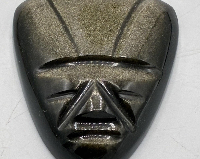 Gold Sheen Obsidian Carved Aztec Mask Face Figurine Crystal Gemstone