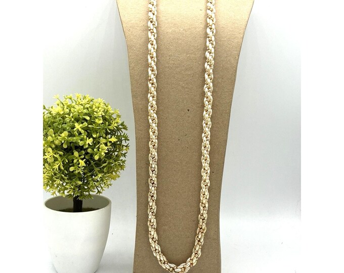 Vintage Faux Pearl Rice Bead Rope Necklace Gold Tone Filigree Bead 30 Inch