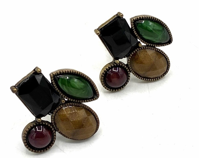 Vintage Multicolor Statement Clip On Earrings Black Green Purple Brown 1.5”