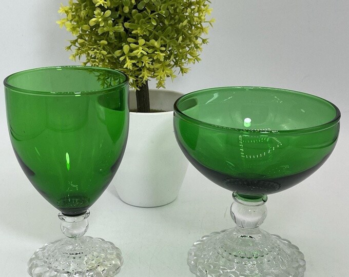 Set of 2 Anchor Hocking Forest Green Boopie Bubble Goblets Vintage