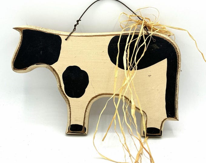 Vintage Primitive Wood Cow Wall Hanging Folk Art Farmhouse Black White 8.5”