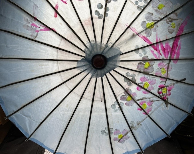 Vtg Asian Parasol Umbrella Hand-Painted Blue Nylon Fabric and Bamboo 22” Across