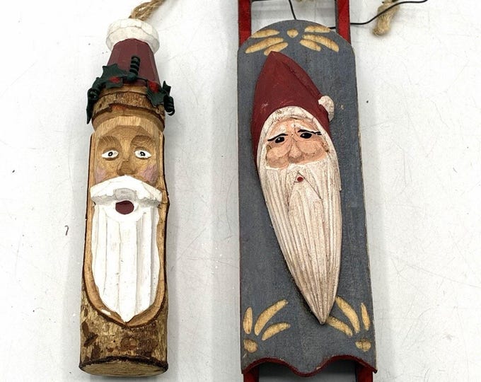 Vintage Wood Santa Christmas Ornaments Set 2 Rustic Sled Log 5” 7”