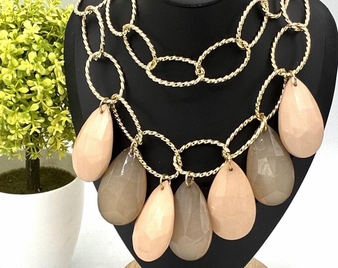 Vintage Gold Tone Twisted Link Chain Necklace Blush Taupe Teardrop Drops Bib 18 Inch