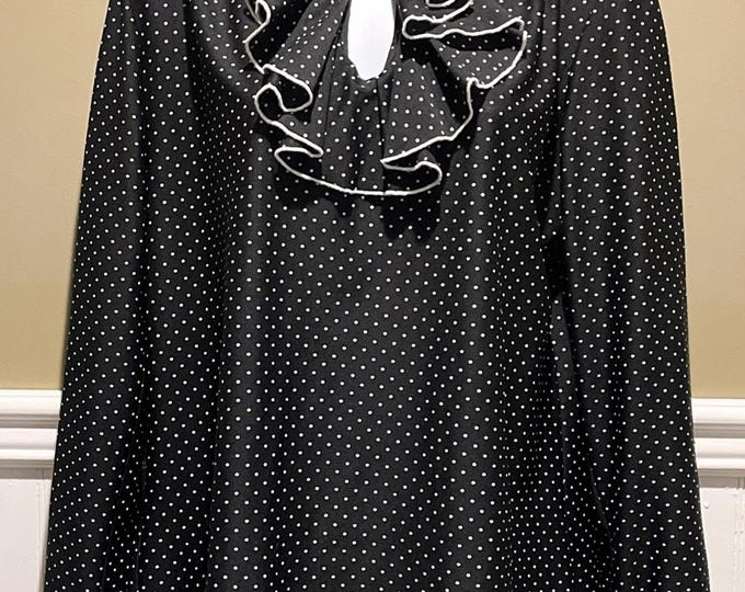 Vtg 80s? Jolene Fashions Black Polka Dot Women’s Blouse 16 Ruffled Keyhole Neck