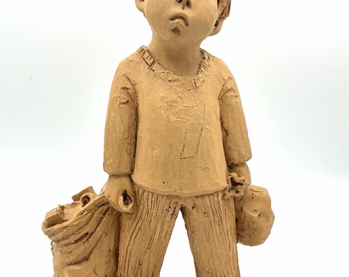 Vintage Lee Bortin Boy Figurine 10.5” Signed Clay Sculpture Child Luggage