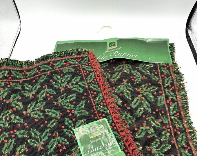 Windham Weavers Christmas Jacquard Table Runner 54” + 2 Placemats NOS