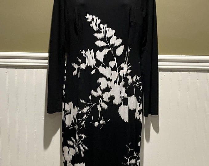 INC Black & White Floral Stretch Dress – Long Sleeve Cocktail Style – Women’s M