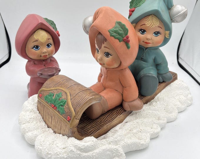 Vintage 90s Dona Sweet Tots Ceramic Mold Kids On Sleigh (13x8) Christmas Figures