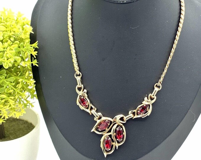 Barclay Vintage Goldtone Ruby Red Marquise Rhinestone Leaf Cluster Necklace