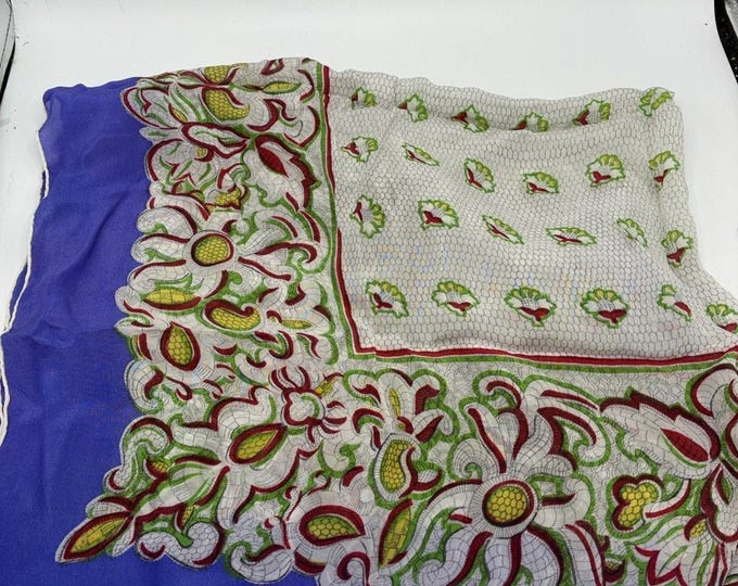 Vintage Silk Scarf 32x29 Cobalt Blue Purple Floral Paisley Square Unbranded