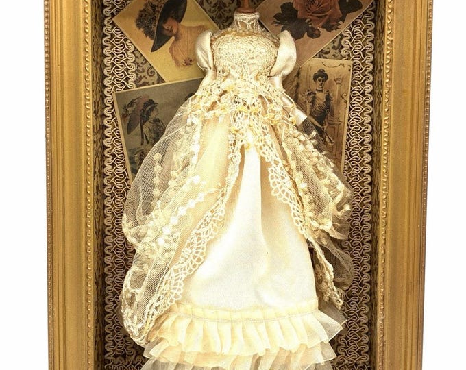 Vintage Victorian Dress Shadow Box Framed Lace Ephemera Assemblage Wall Art