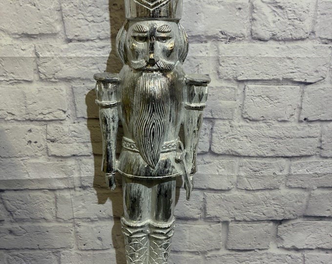 Large 27” Silver Nutcracker Soldier Figurine Christmas Decor Glam Mercury Finish