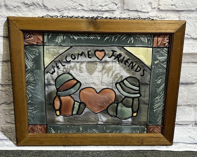 Vintage Stained Glass Welcome Friends Sign Wood Frame Folk Art Wall Hanging