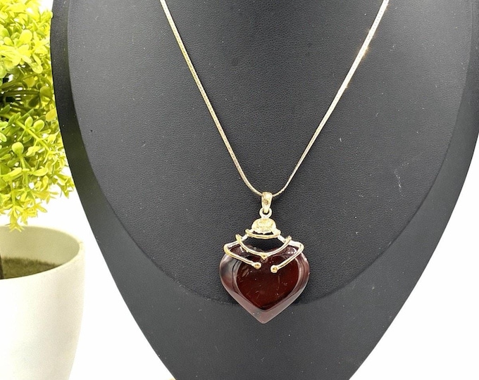 Sterling Silver 925 Heart Pendant Necklace, Carnelian Stone, 18in Chain