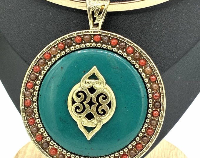 Boho Statement Choker Necklace Large Turquoise Medallion Gold Tone Collar