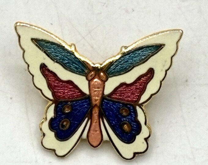 Vintage Enamel Butterfly Brooch Gold Tone Cream Blue Pink Cloisonne Style Pin