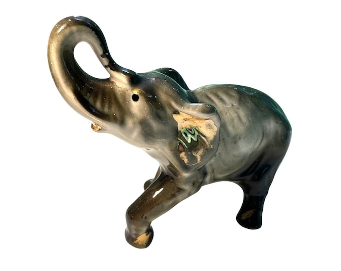 Vintage Ceramic Elephant Figurine Trunk Up Teal Gray Gold Accent Mid Century 5"