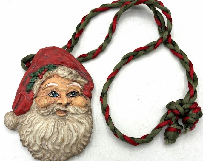 Vintage Santa Claus Necklace Resin Pendant Red Green Cord Christmas Jewelry