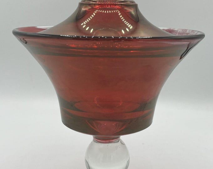 Mid Century Elegant Cranberry Glass Ruby 10”x7” Footed Candy Compote Dish + Lid