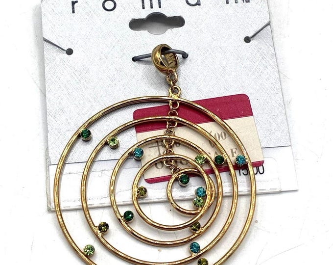 Vintage Roman Rhinestone Spiral Pendant Gold Tone Green Blue Y2K NOS