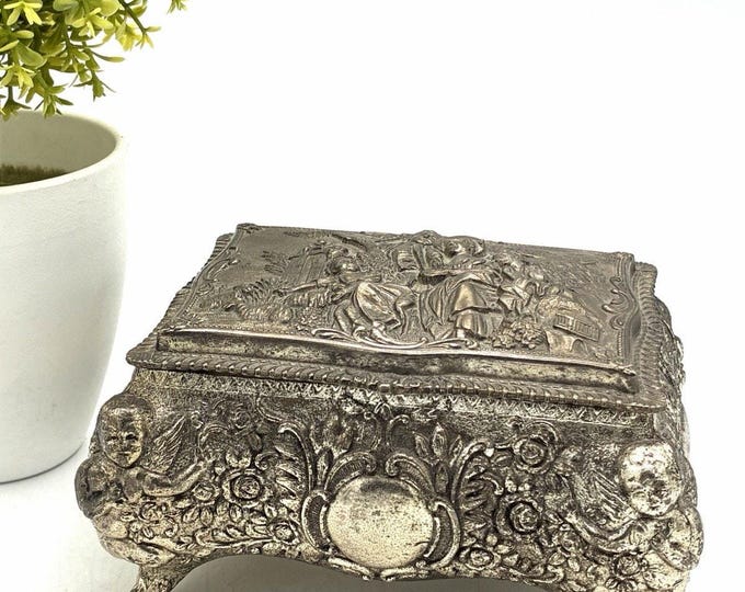 Vintage Silver Tone Repoussé Jewelry Casket Box Cherub Feet Pastoral