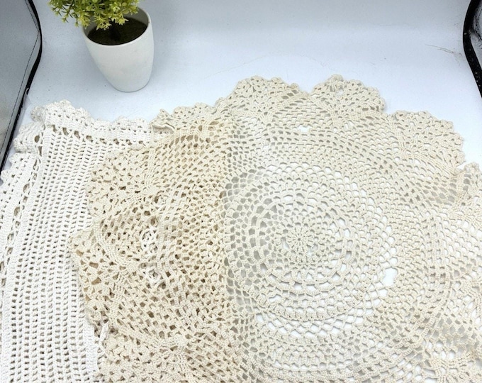 Crochet Lace Runner & Doily Lot – Handmade Vintage Craft Repair Cottage Decor