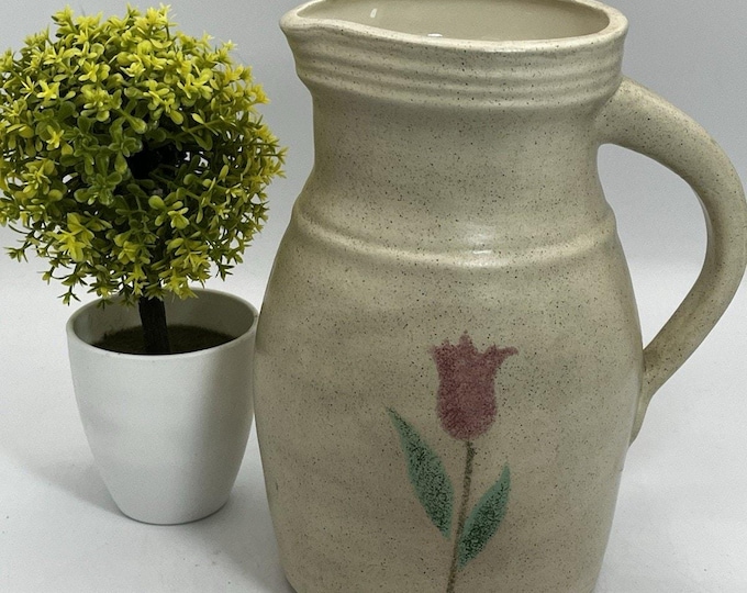 Artisan Pottery Pitcher – Signed Ohio Studio Vase 8” Tulip Floral Rustic Decor