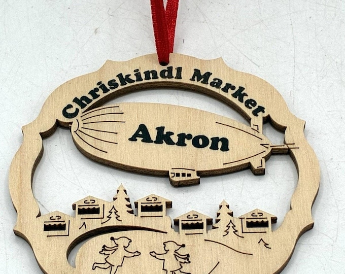 Akron Ohio Christkindl Market Wood Ornament Blimp and Skaters