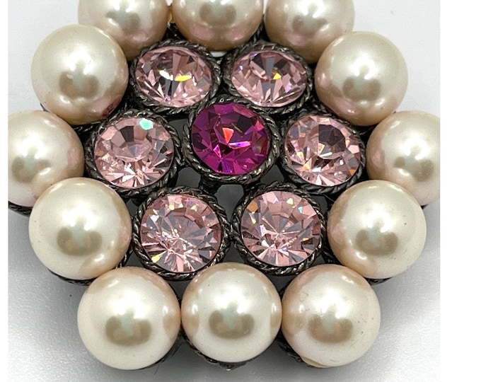 Vintage Faux Pearl Pink Rhinestone Brooch Large 2” Floral Cluster Statement
