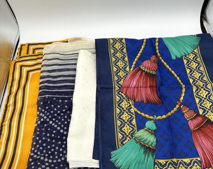 Lot of 4 Women’s Fashion Scarves Blue Gold Tassel Stripe Polka Dot Neutral